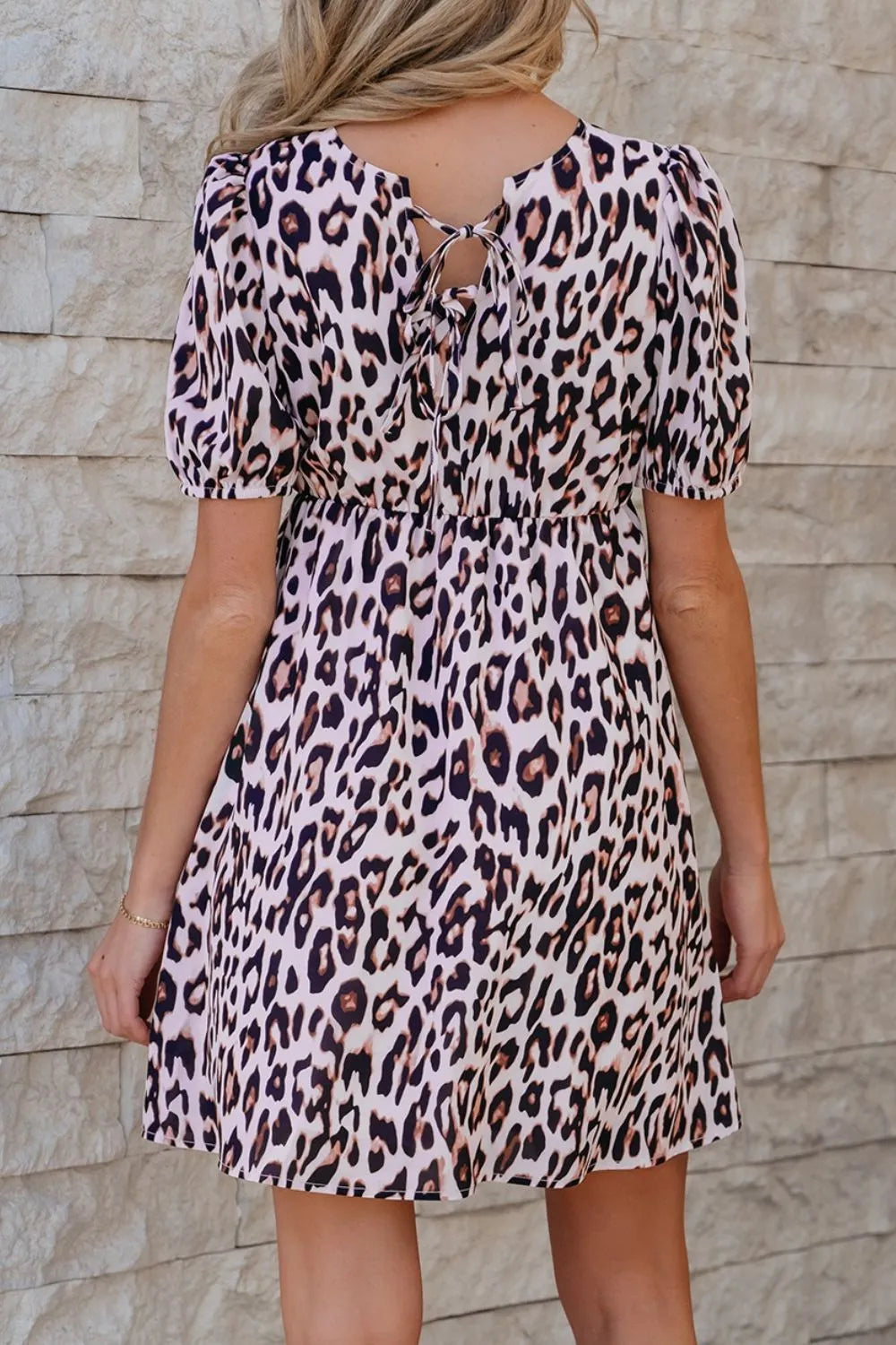 Leopard Tied Front Keyhole Puff Short Sleeve Mini Dress
