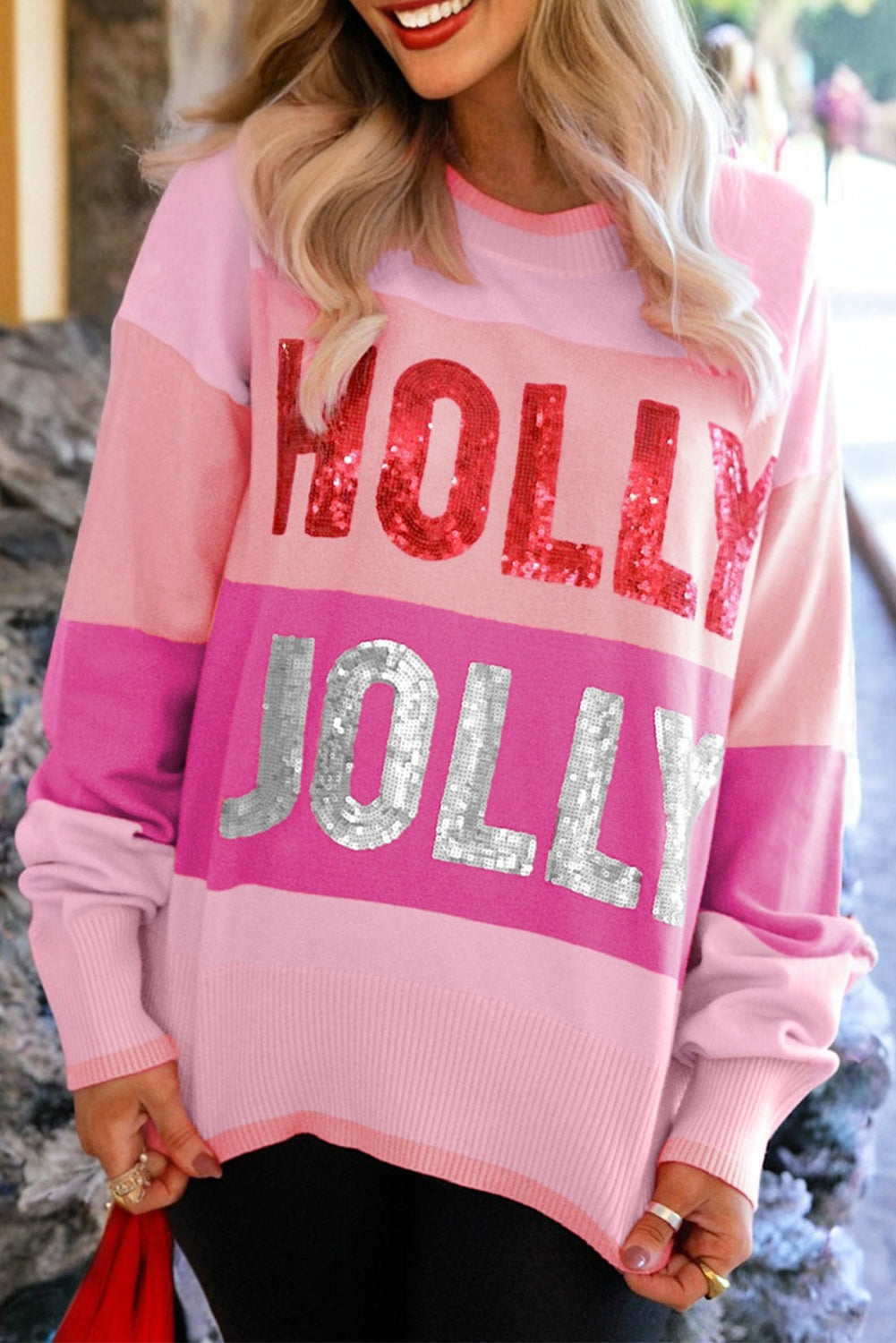 Christmas HOLLY JOLLY Sequined Colorblock Crewneck Sweater