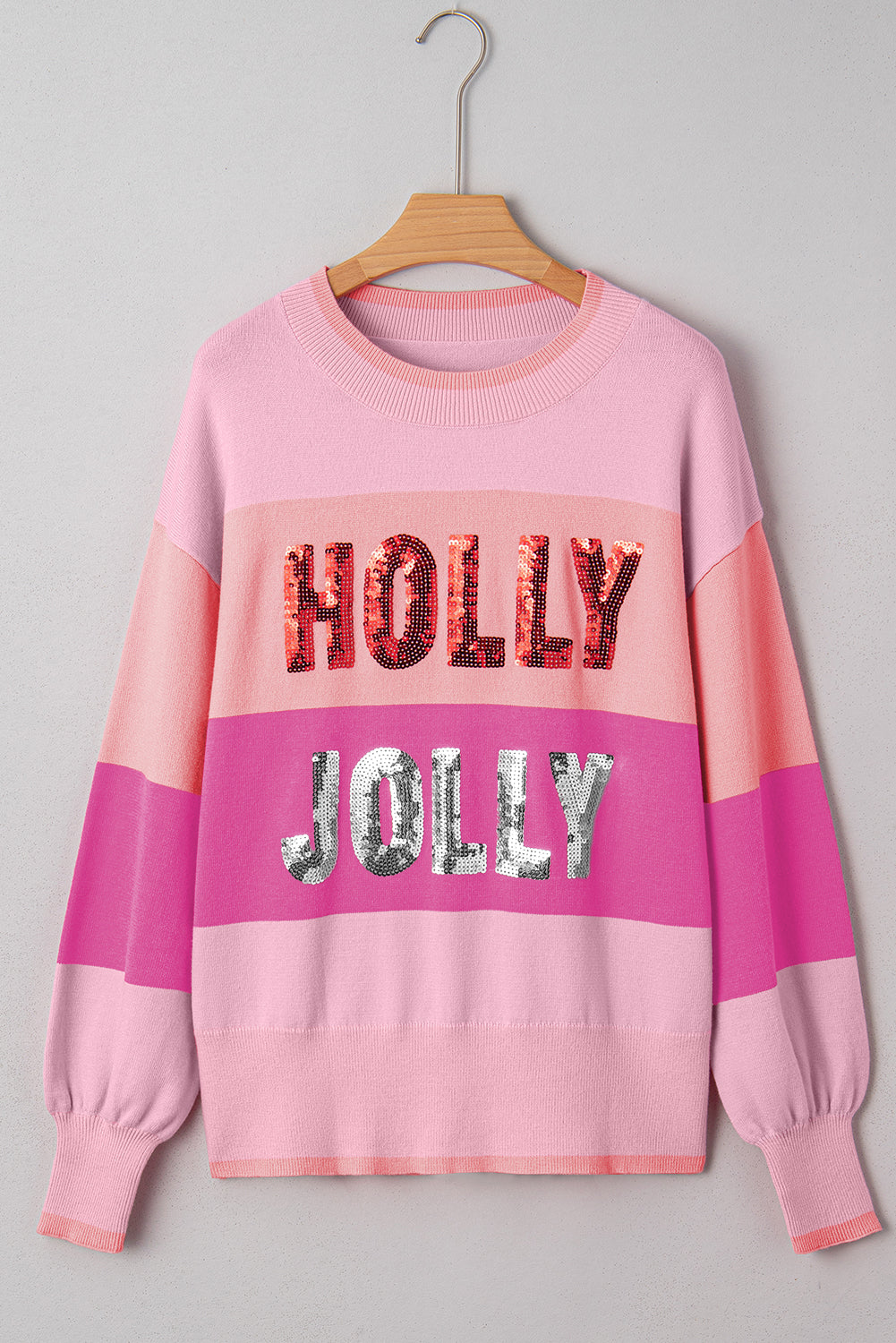 Christmas HOLLY JOLLY Sequined Colorblock Crewneck Sweater