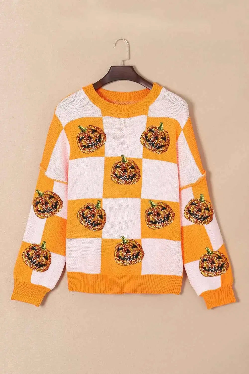 Pumpkin Checkered Round Neck Long Sleeve Sweater
