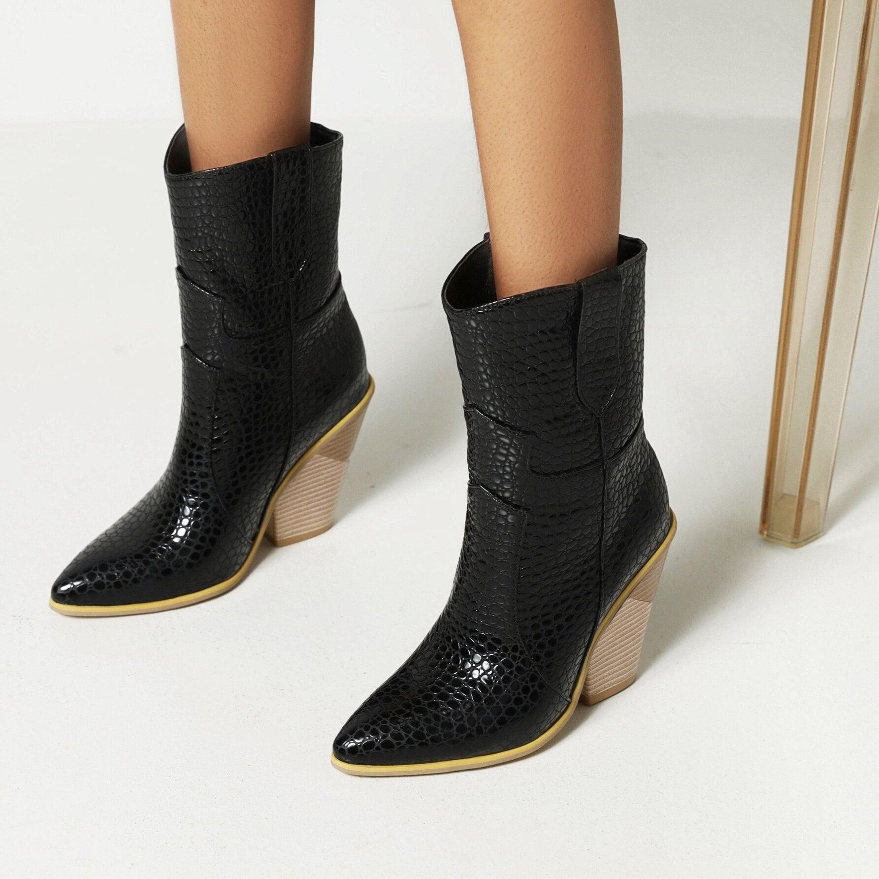 Cowgirl Chic High Heel Ankle Boots - Trendy Denim and Leather Boots for Women
