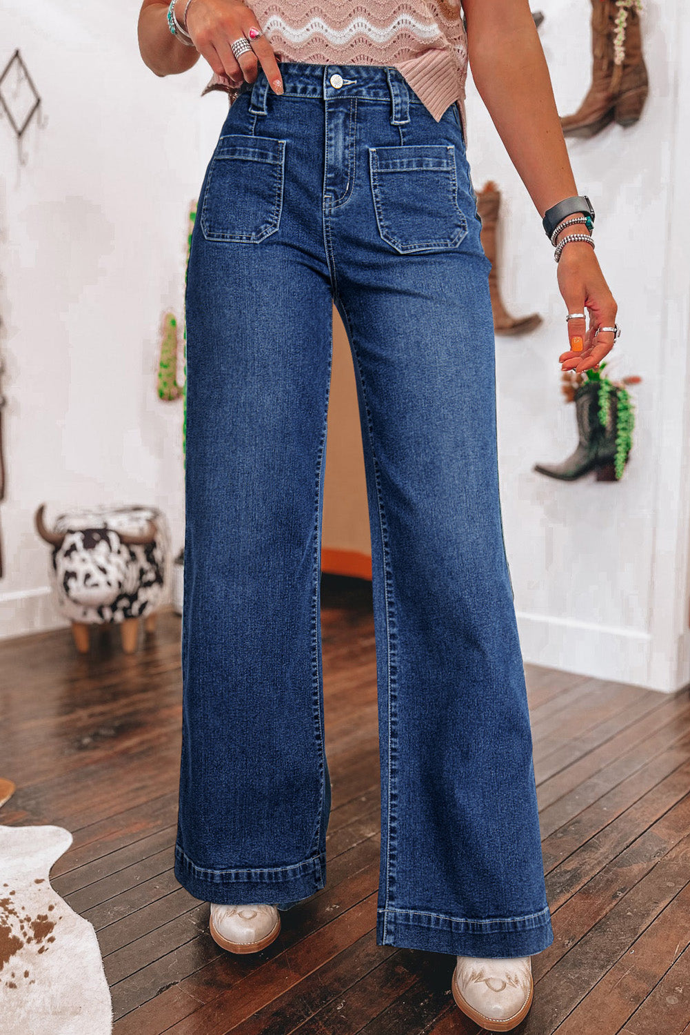 Sail Blue Wide Leg Pocketed High Waist Women's Jeans