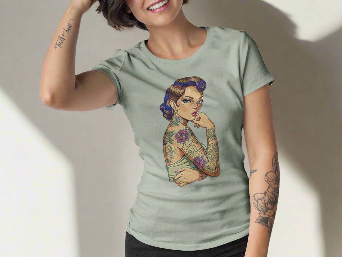Clothed With Strength Tattooed Pin Up Vintage Graphic Tee