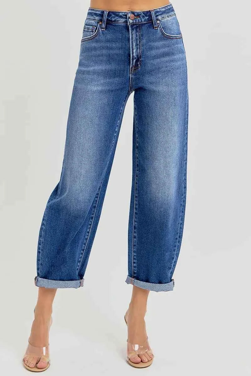RISEN Plus Size High Rise Jeans Full Size Crop Mild Barrel Fit Women's Denim