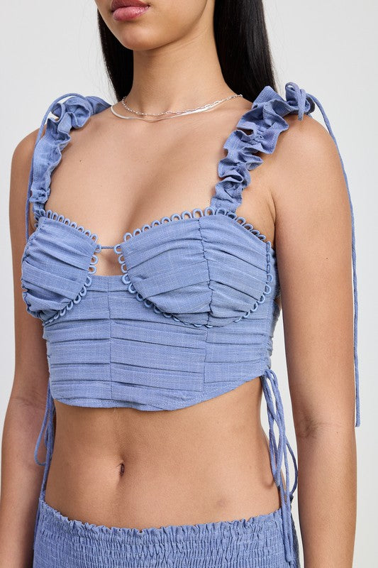 RUFFLED TIE BACK TOP WITH OPEN BACK