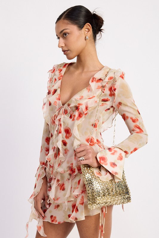 RUFFLE TRIM SHEER PEPLUM TOP