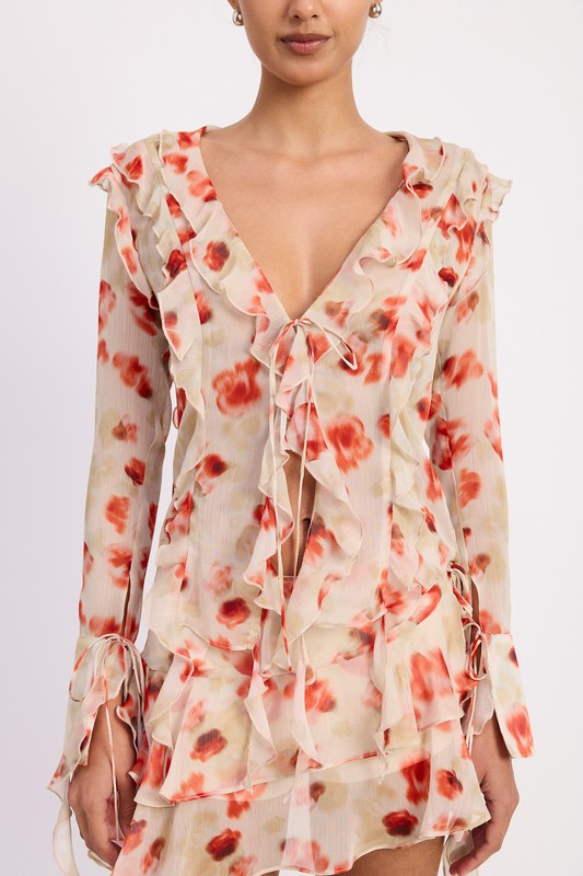 RUFFLE TRIM SHEER PEPLUM TOP