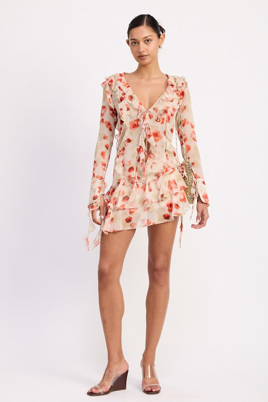 RUFFLE TRIM SHEER PEPLUM TOP