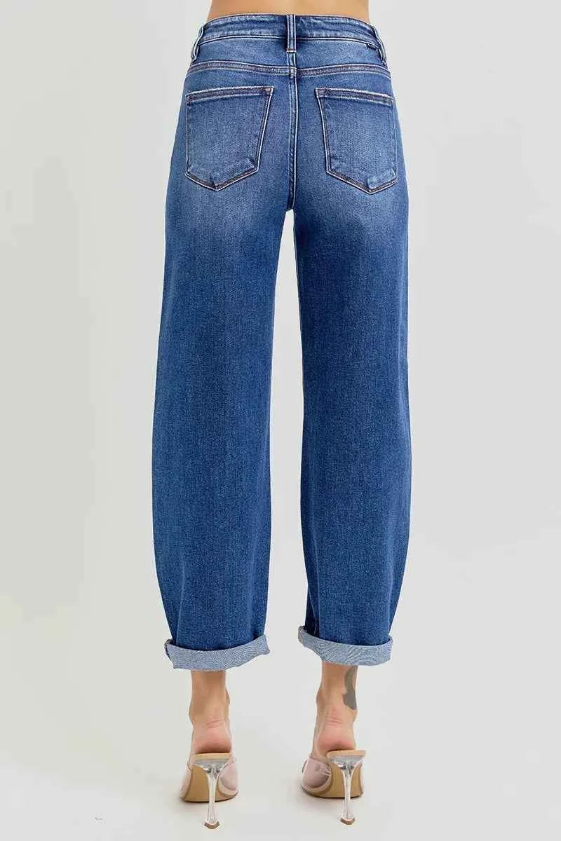 RISEN Plus Size High Rise Jeans Full Size Crop Mild Barrel Fit Women's Denim