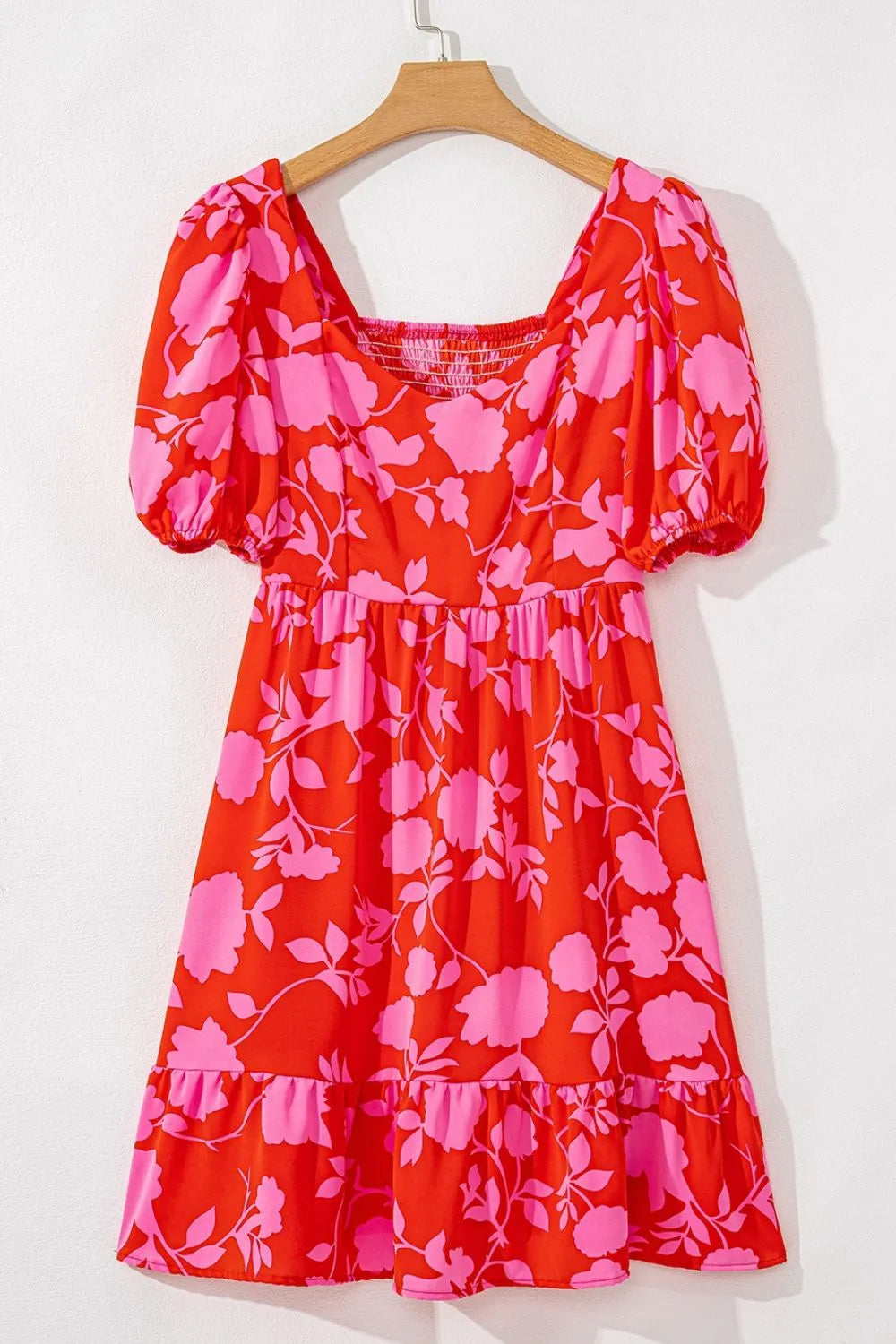Floral Puff Sleeve Sweetheart Neck Ruffled Mini Dress