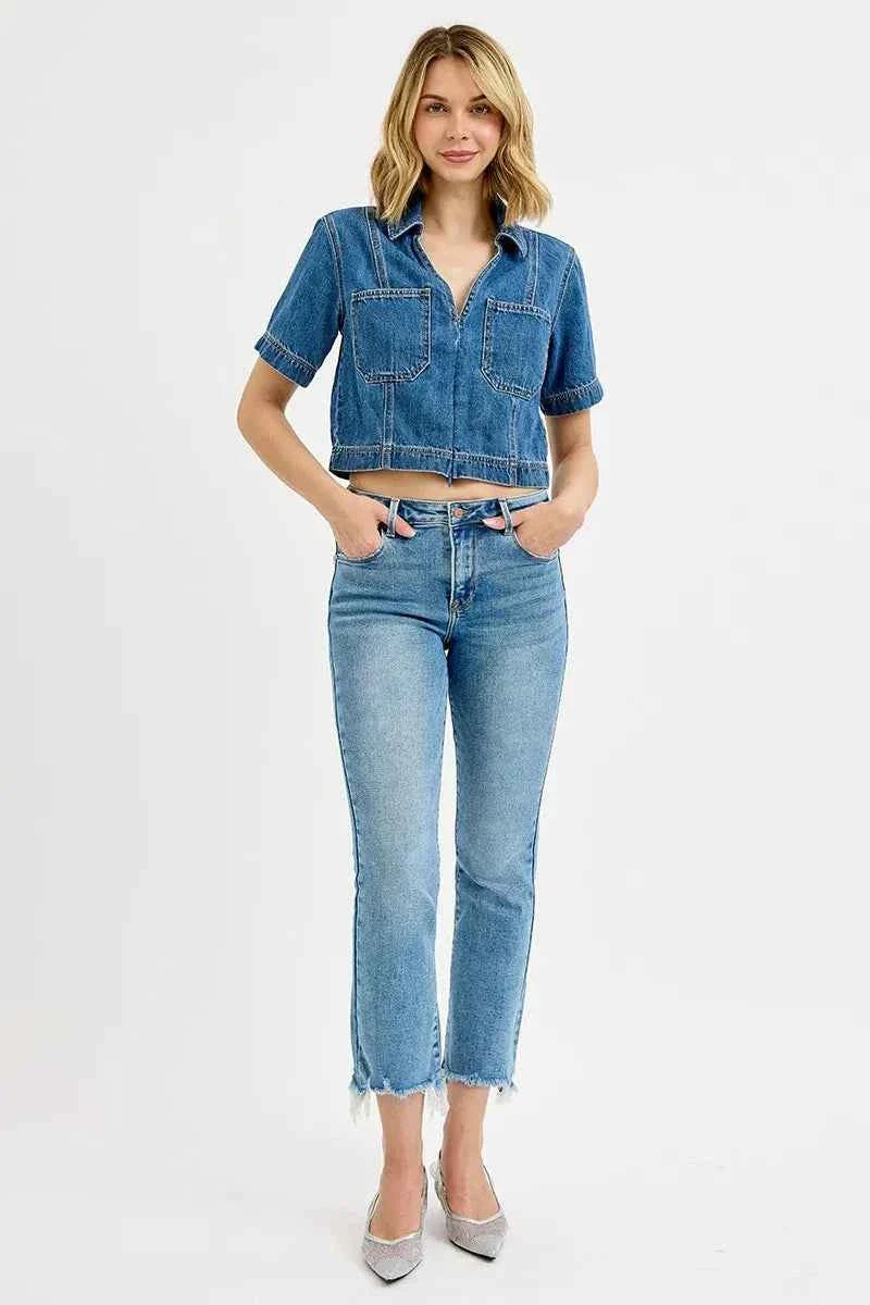 RISEN Full Size High Rise Crop Straight Slim Women's Jeans Plus Size