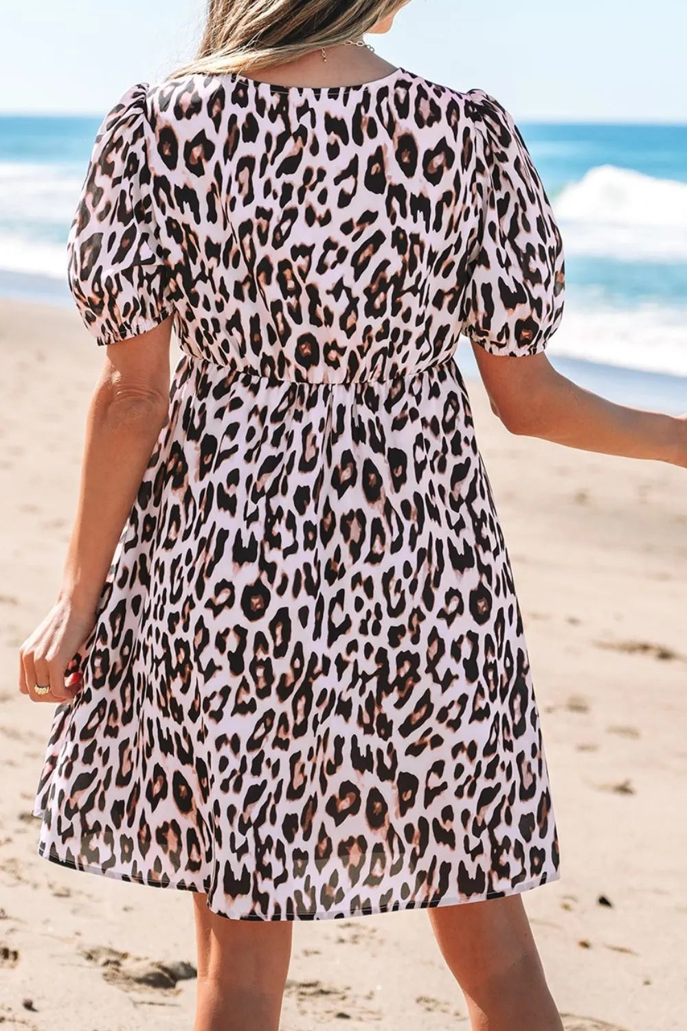 Leopard Tied Front Keyhole Puff Short Sleeve Mini Dress