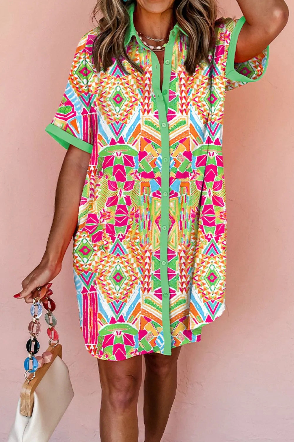Printed Button Down Short Sleeve Dress