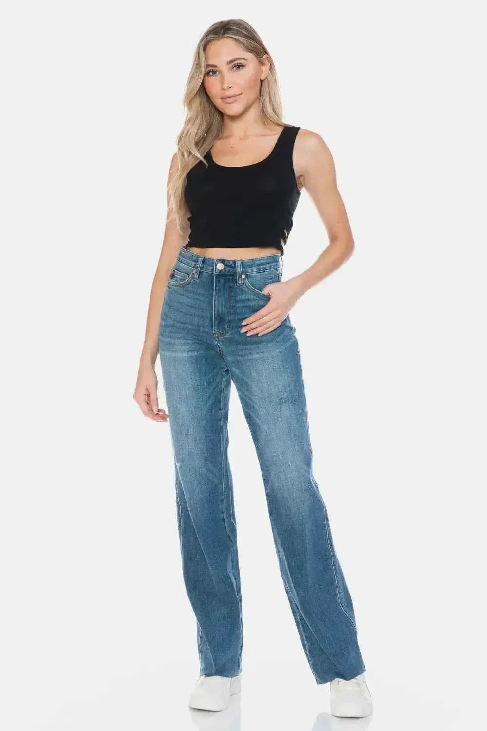 Tummy Control High Waisted Jeans - Cut Raw Hem Straight Jeans