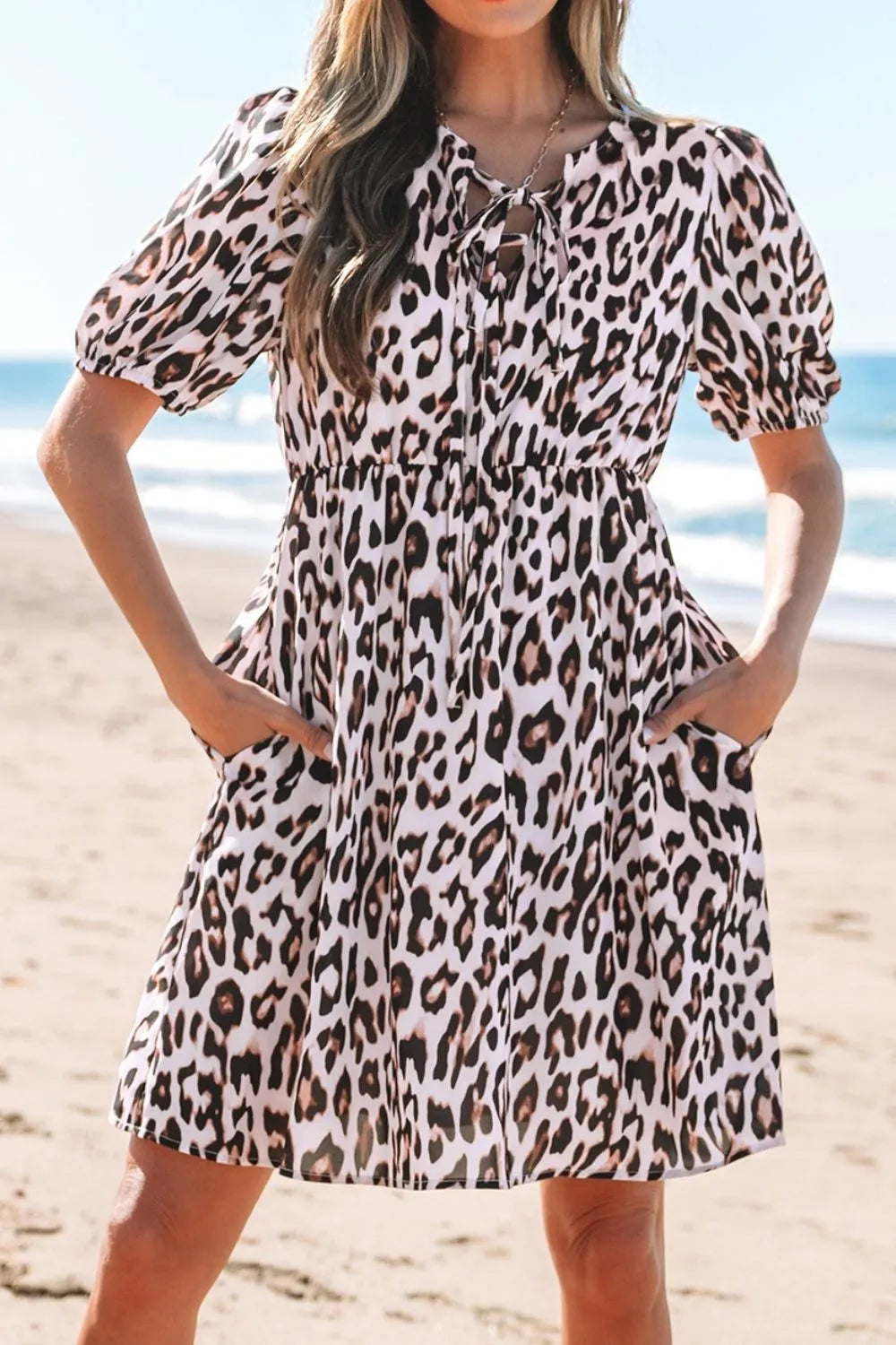 Leopard Tied Front Keyhole Puff Short Sleeve Mini Dress