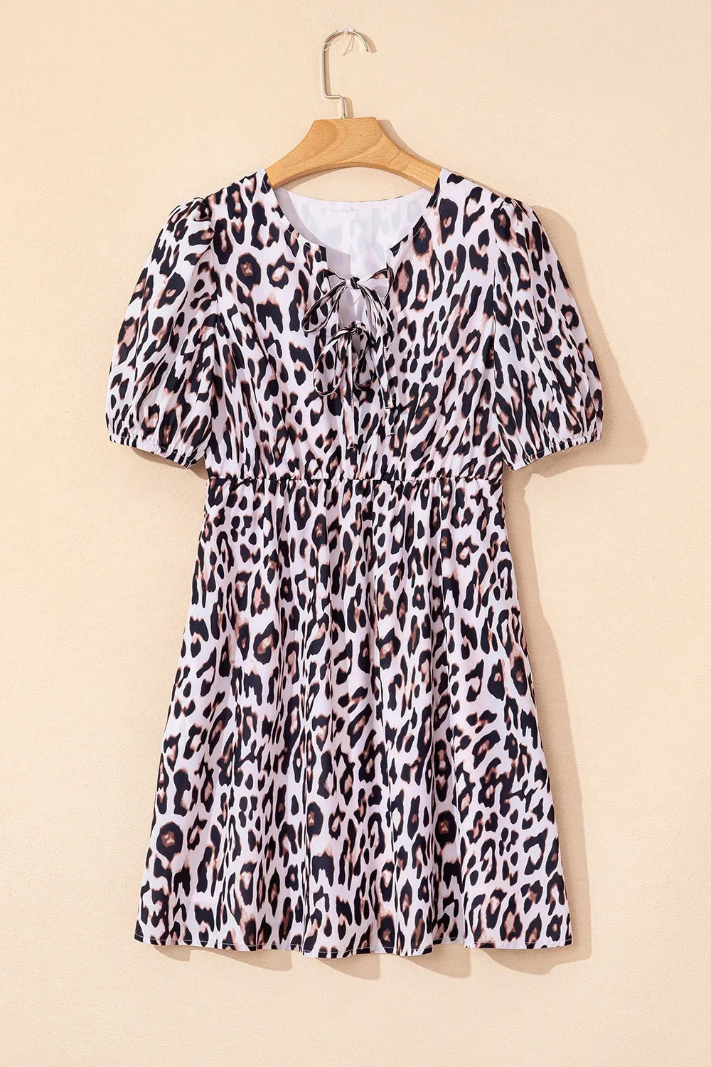 Leopard Tied Front Keyhole Puff Short Sleeve Mini Dress