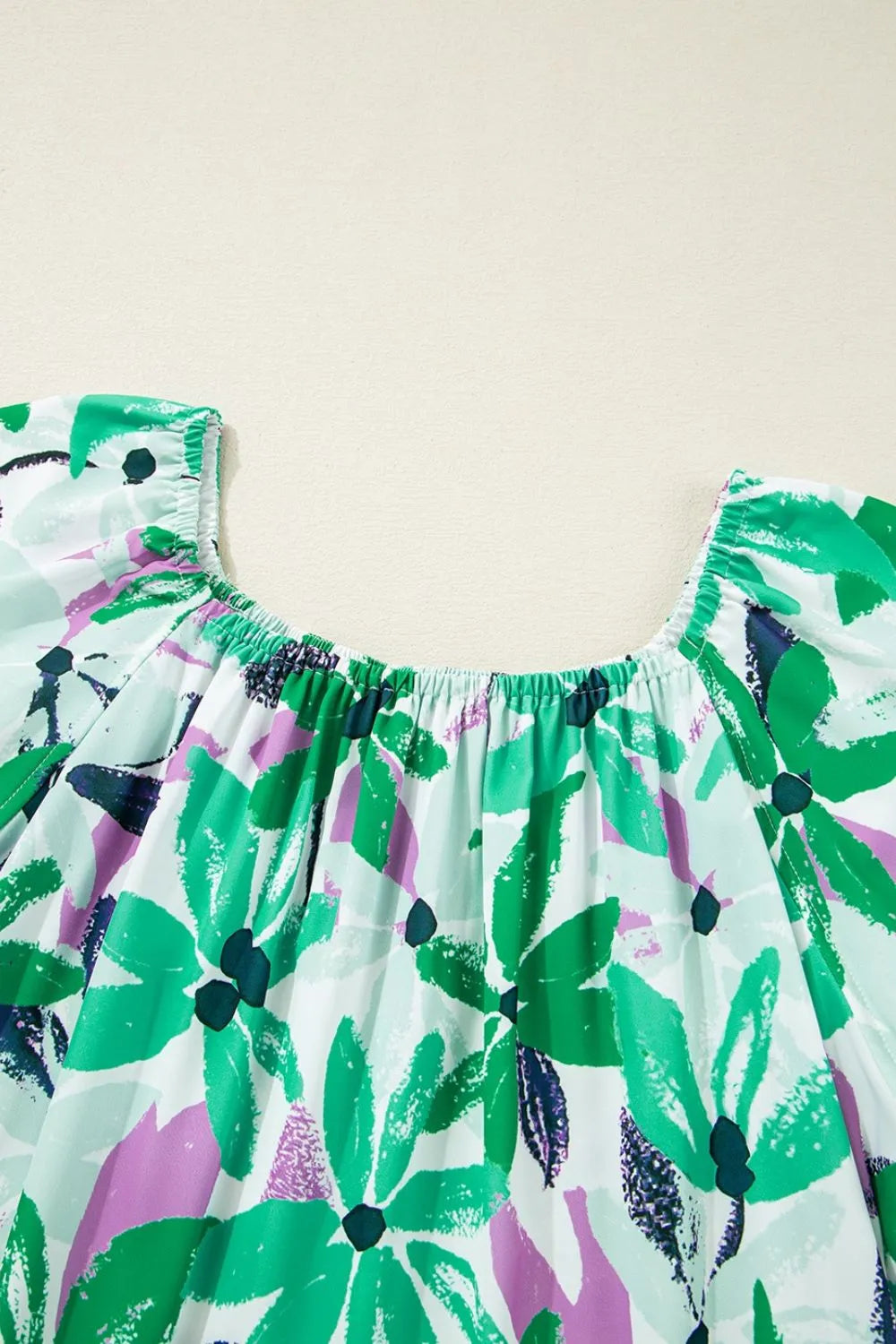 Floral Print Shirred Square Neck Loose Fit Mini Dress