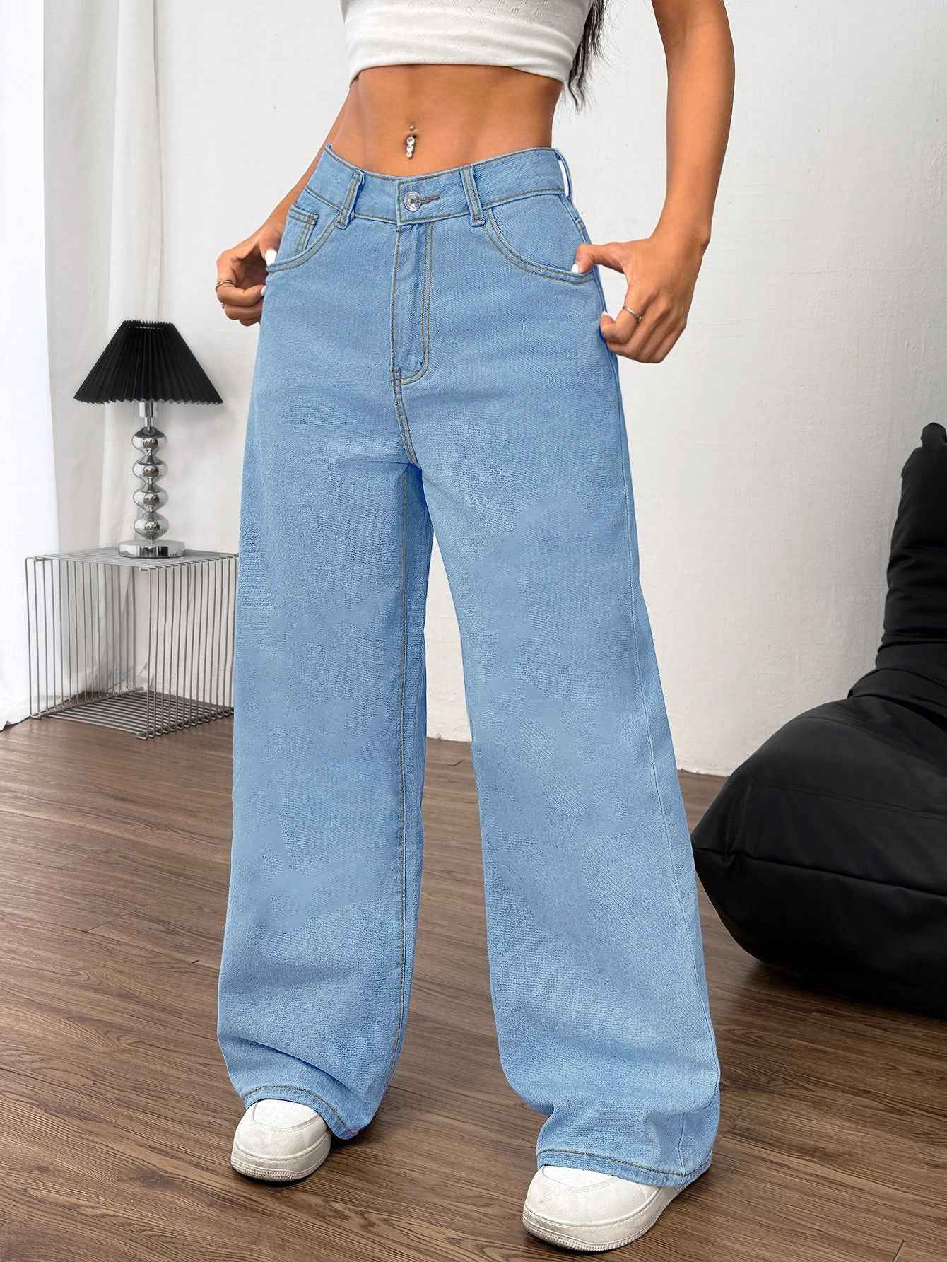 Embroidered Wide Leg Jeans with Bow Back for Women