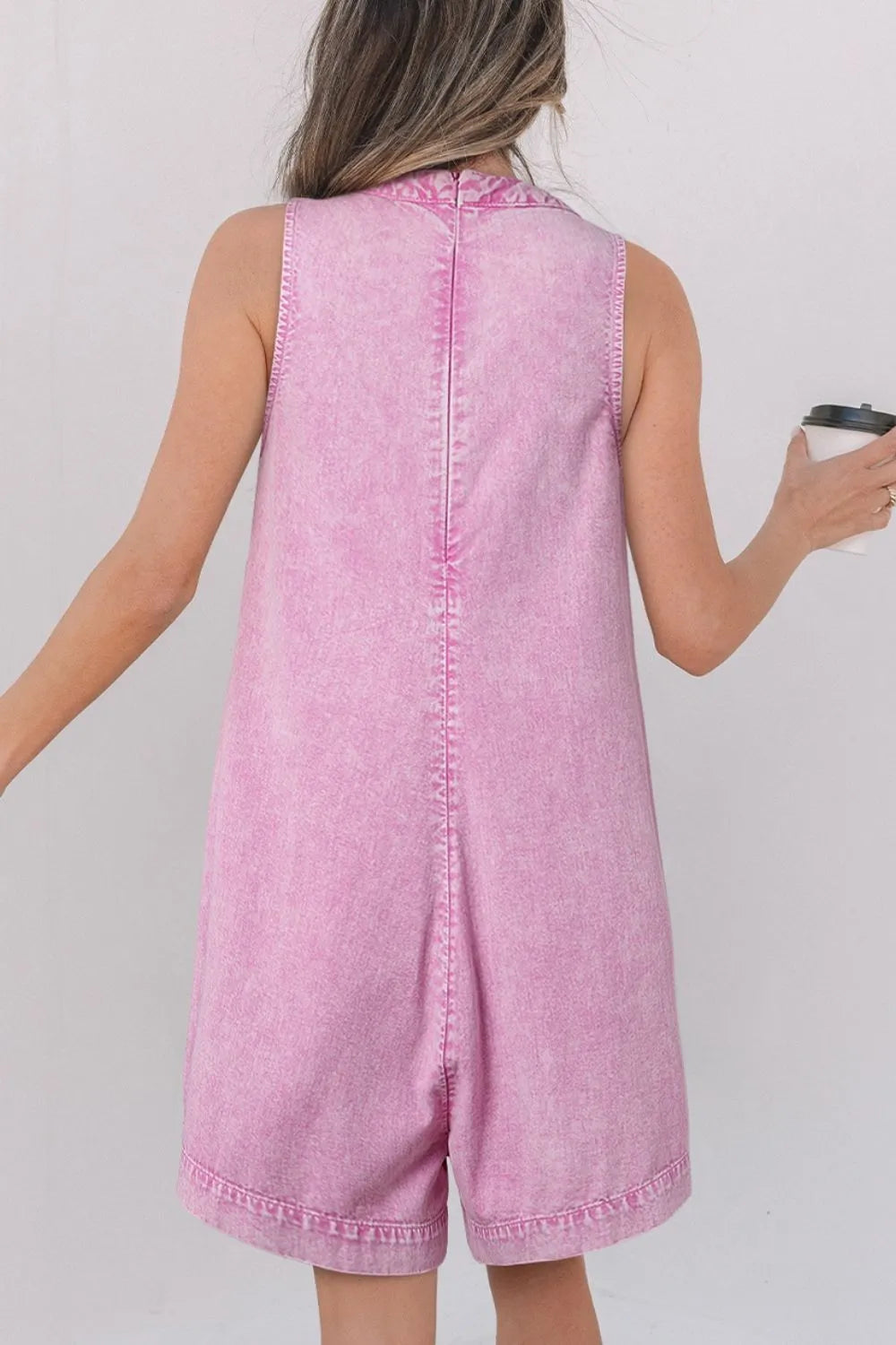 Mineral Wash Pleated Bust V Neck Sleeveless Denim Romper