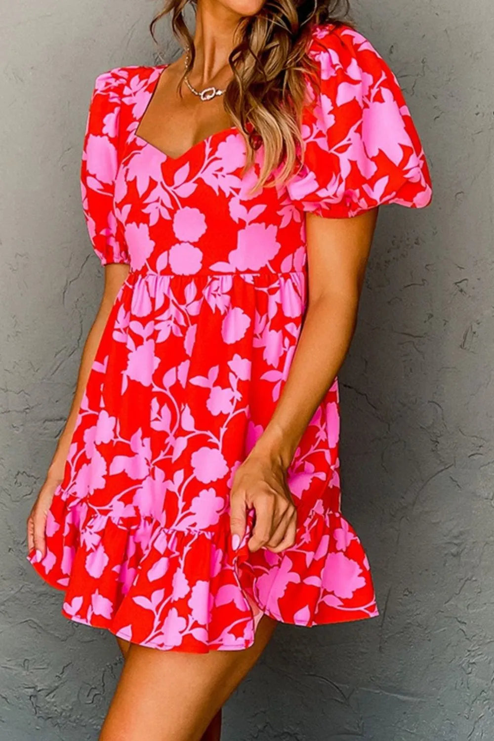 Floral Puff Sleeve Sweetheart Neck Ruffled Mini Dress