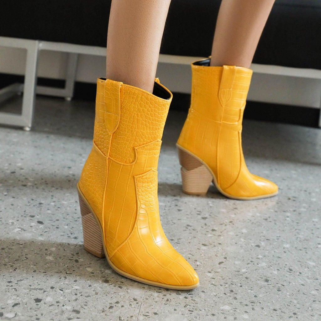 Cowgirl Chic High Heel Ankle Boots - Trendy Denim and Leather Boots for Women