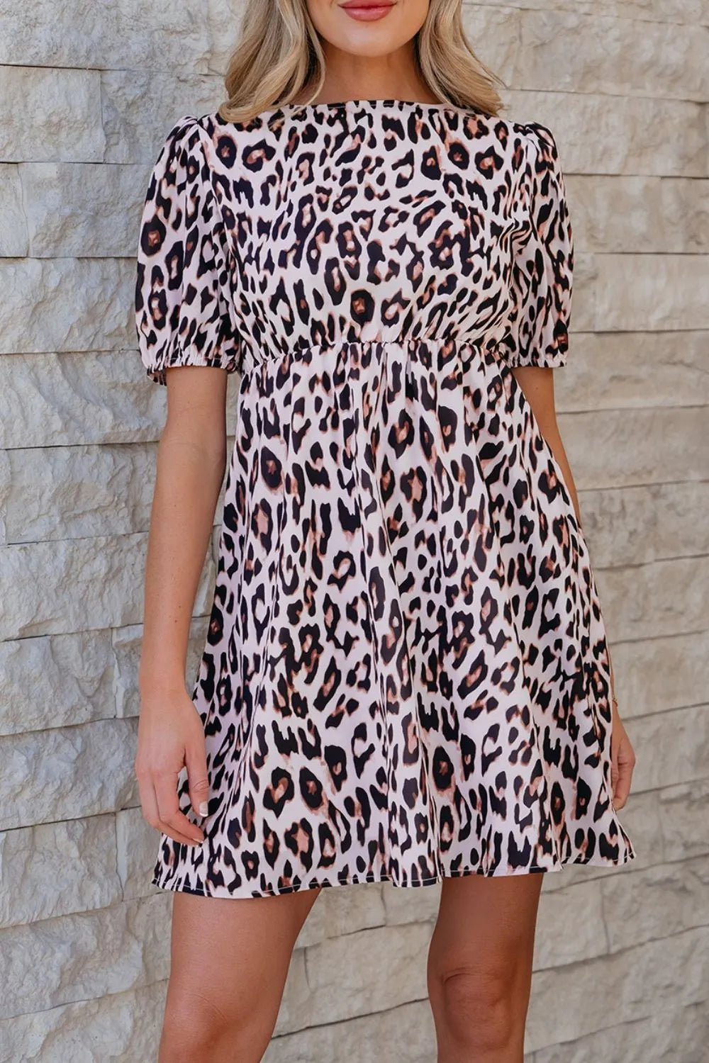 Leopard Tied Front Keyhole Puff Short Sleeve Mini Dress