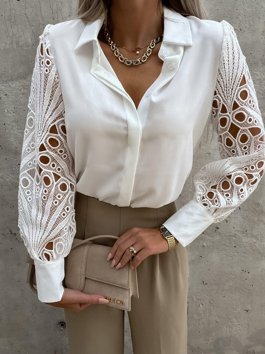 Luxe Lace Button-Up Top - Elegant Cotton Blouse with Lace Details