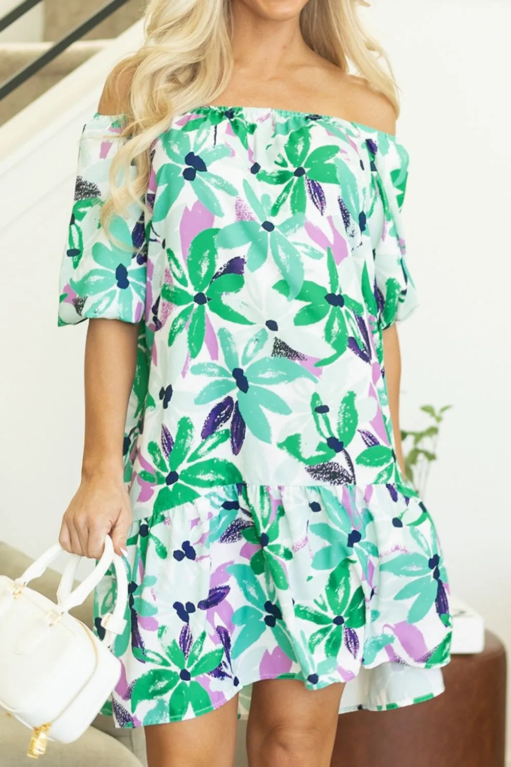 Floral Print Shirred Square Neck Loose Fit Mini Dress