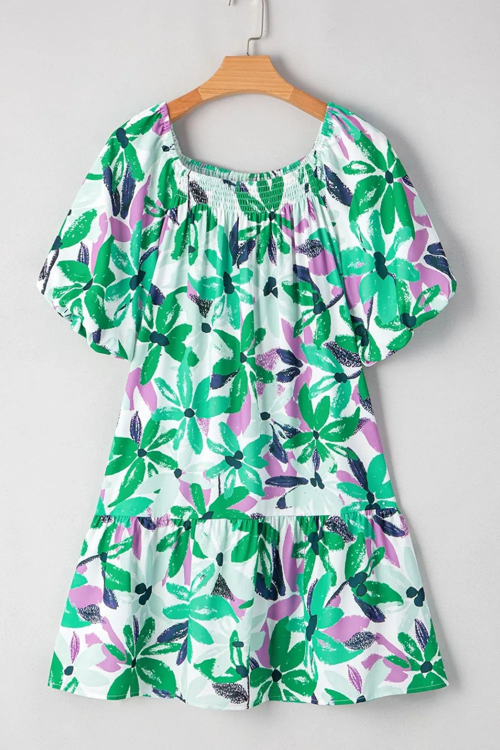 Floral Print Shirred Square Neck Loose Fit Mini Dress