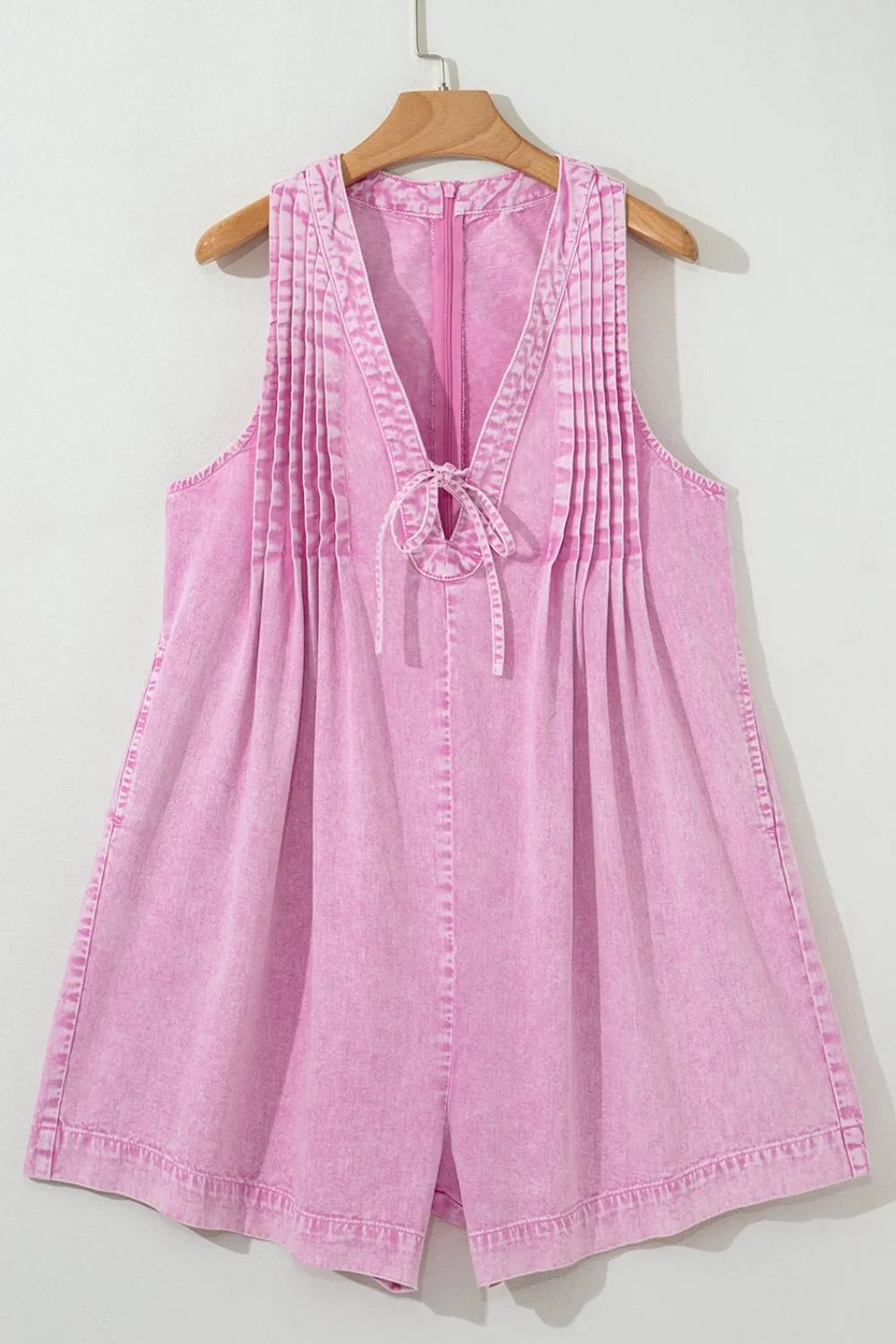Mineral Wash Pleated Bust V Neck Sleeveless Denim Romper
