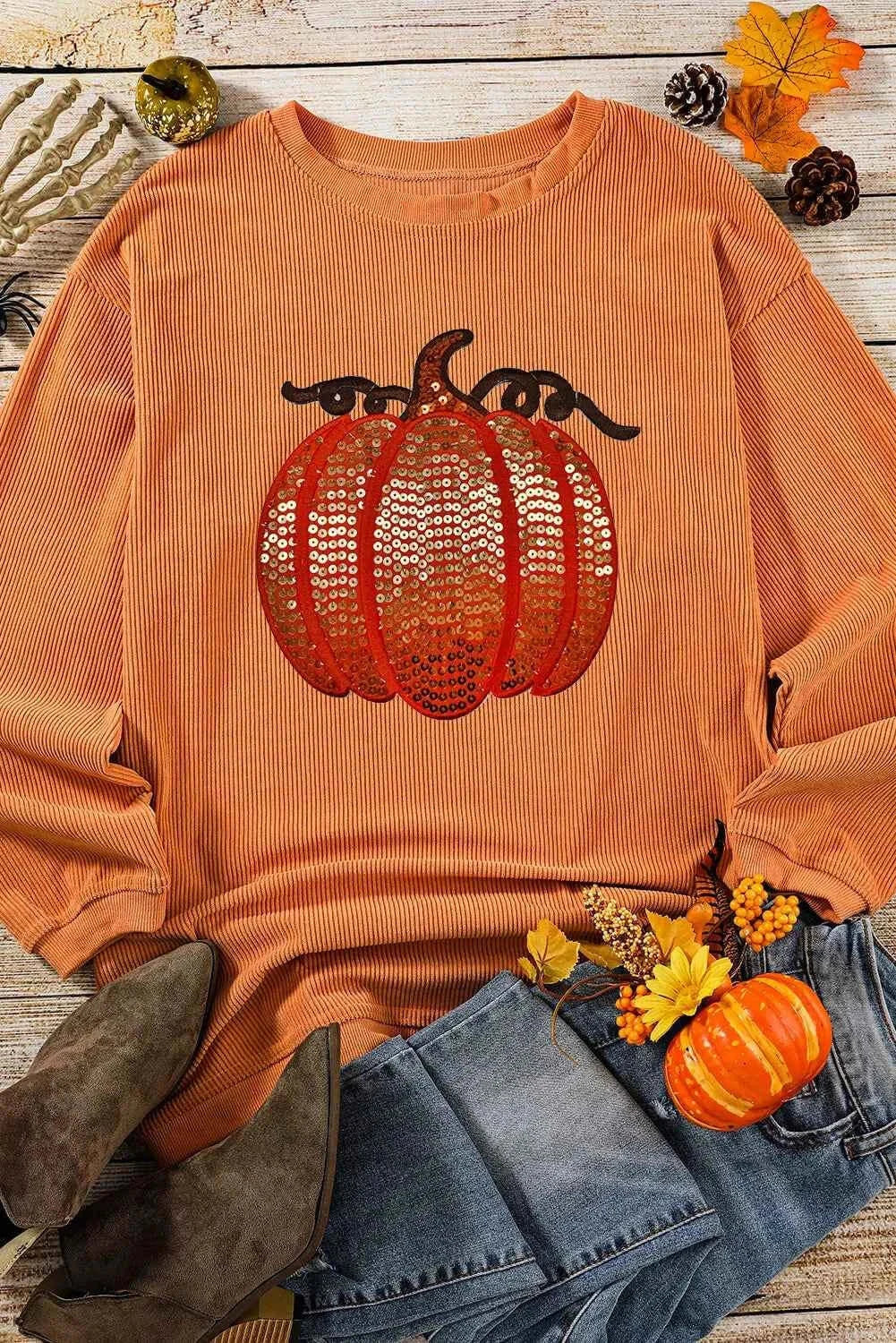 Sequin Pumpkin Round Neck Long Sleeve Sweatshirt