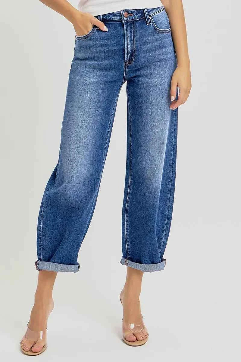 RISEN Plus Size High Rise Jeans Full Size Crop Mild Barrel Fit Women's Denim