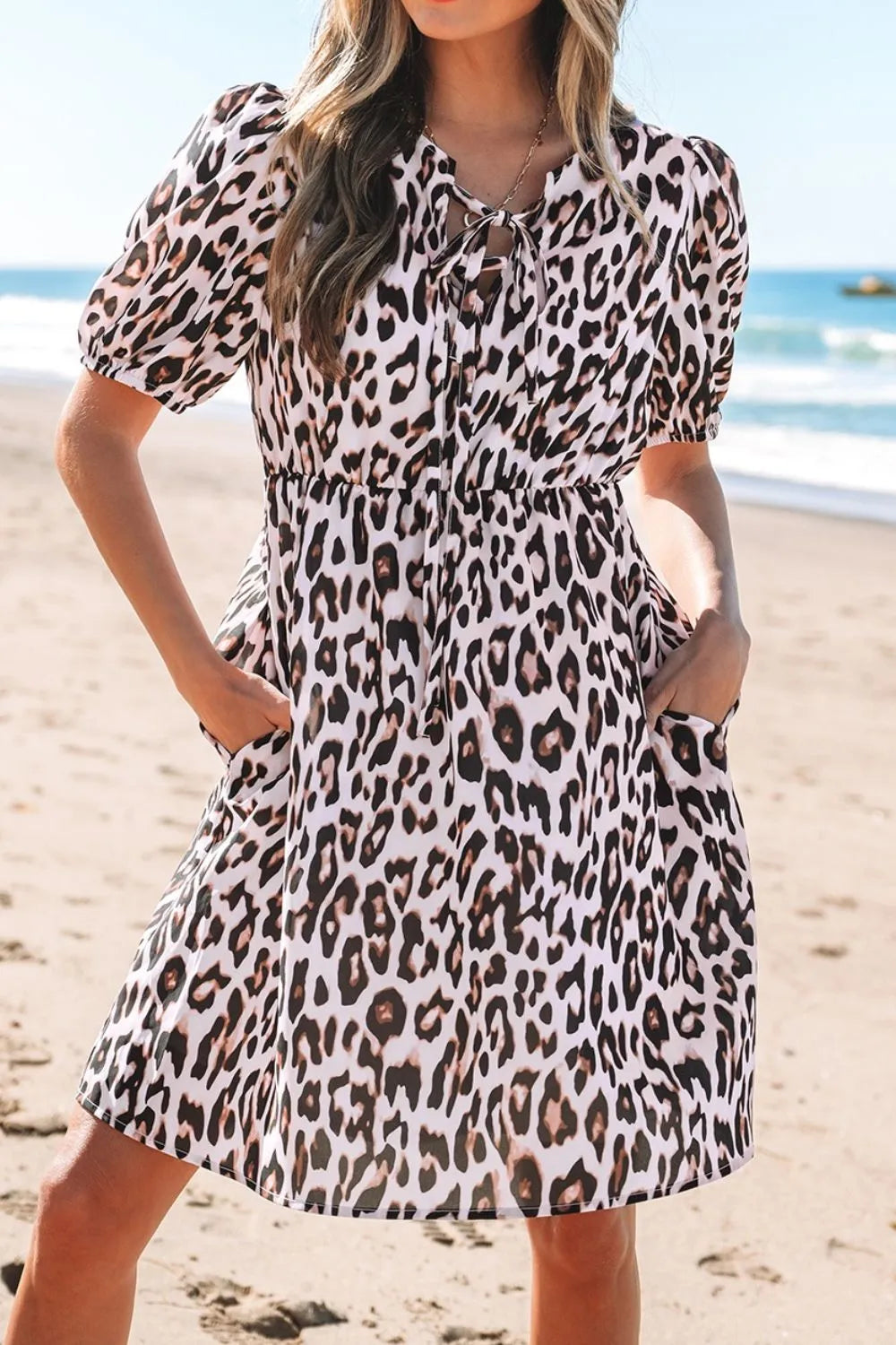 Leopard Tied Front Keyhole Puff Short Sleeve Mini Dress