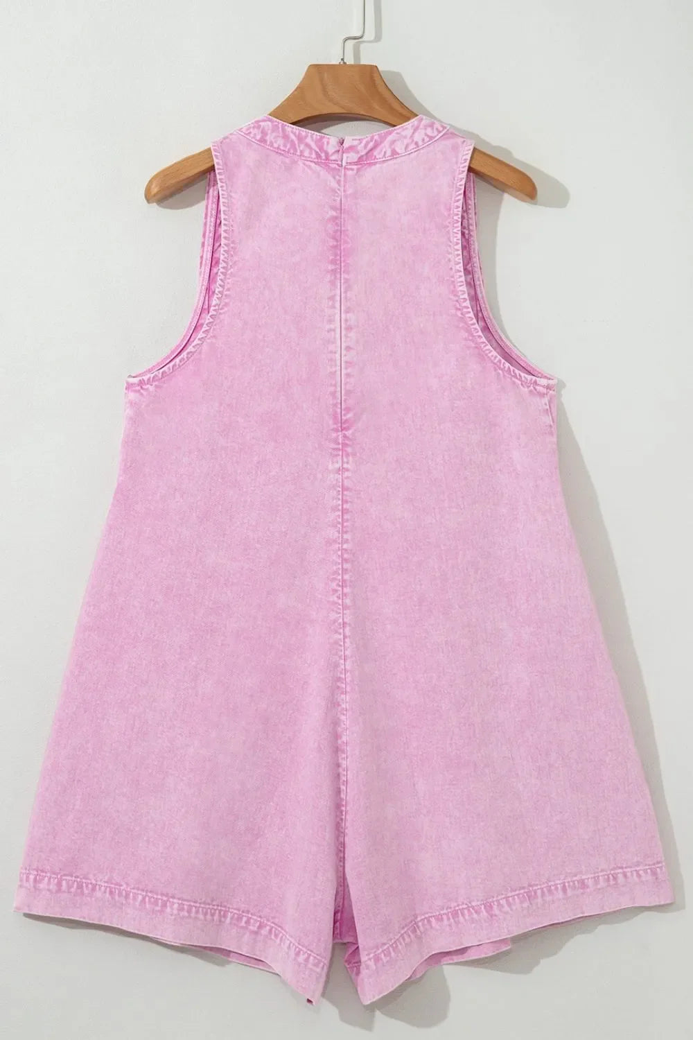 Mineral Wash Pleated Bust V Neck Sleeveless Denim Romper