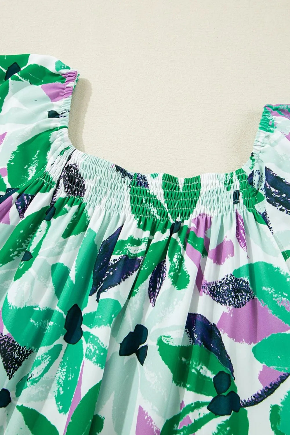 Floral Print Shirred Square Neck Loose Fit Mini Dress