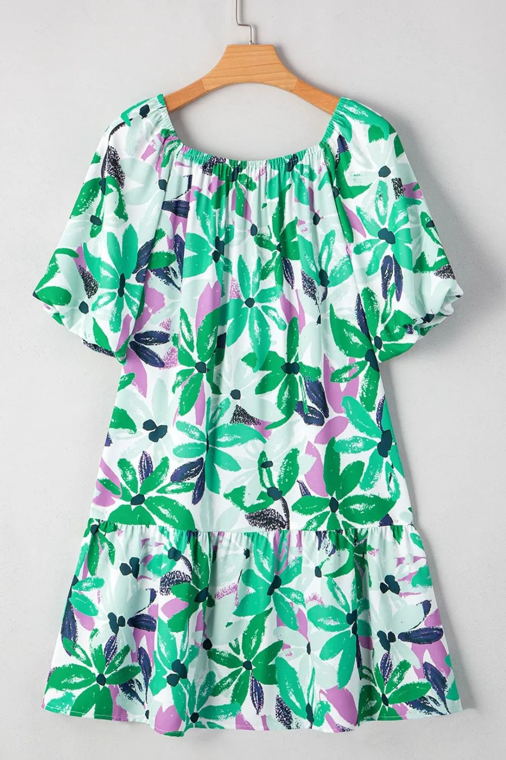 Floral Print Shirred Square Neck Loose Fit Mini Dress