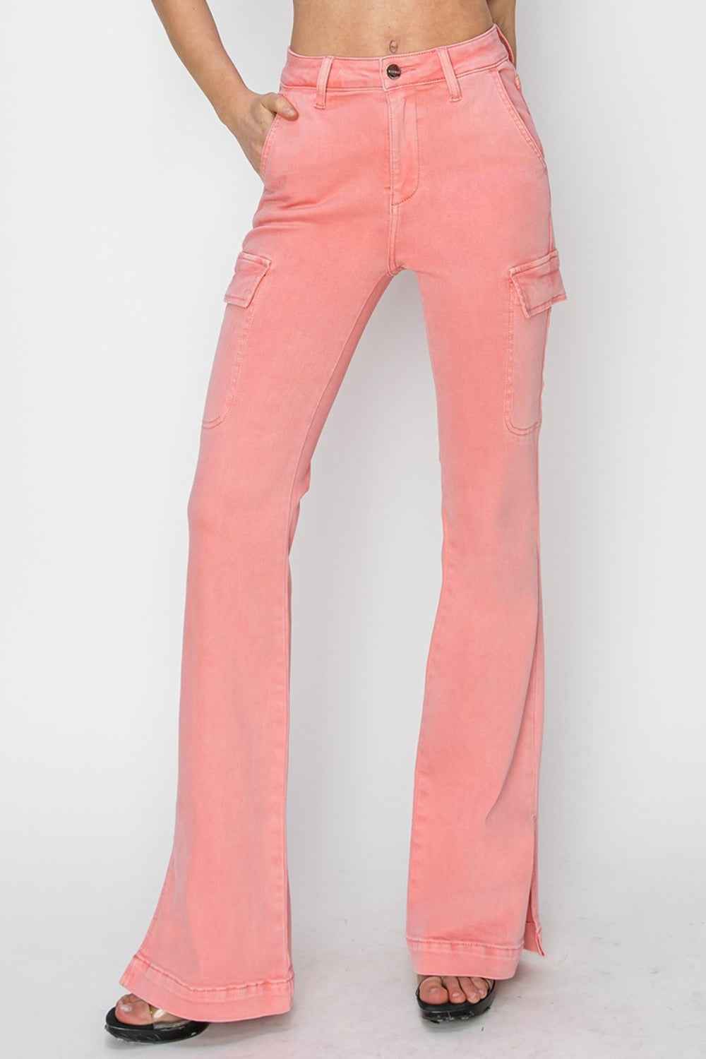 RISEN High Rise Cargo Bootcut Jeans with Side Slit for Women