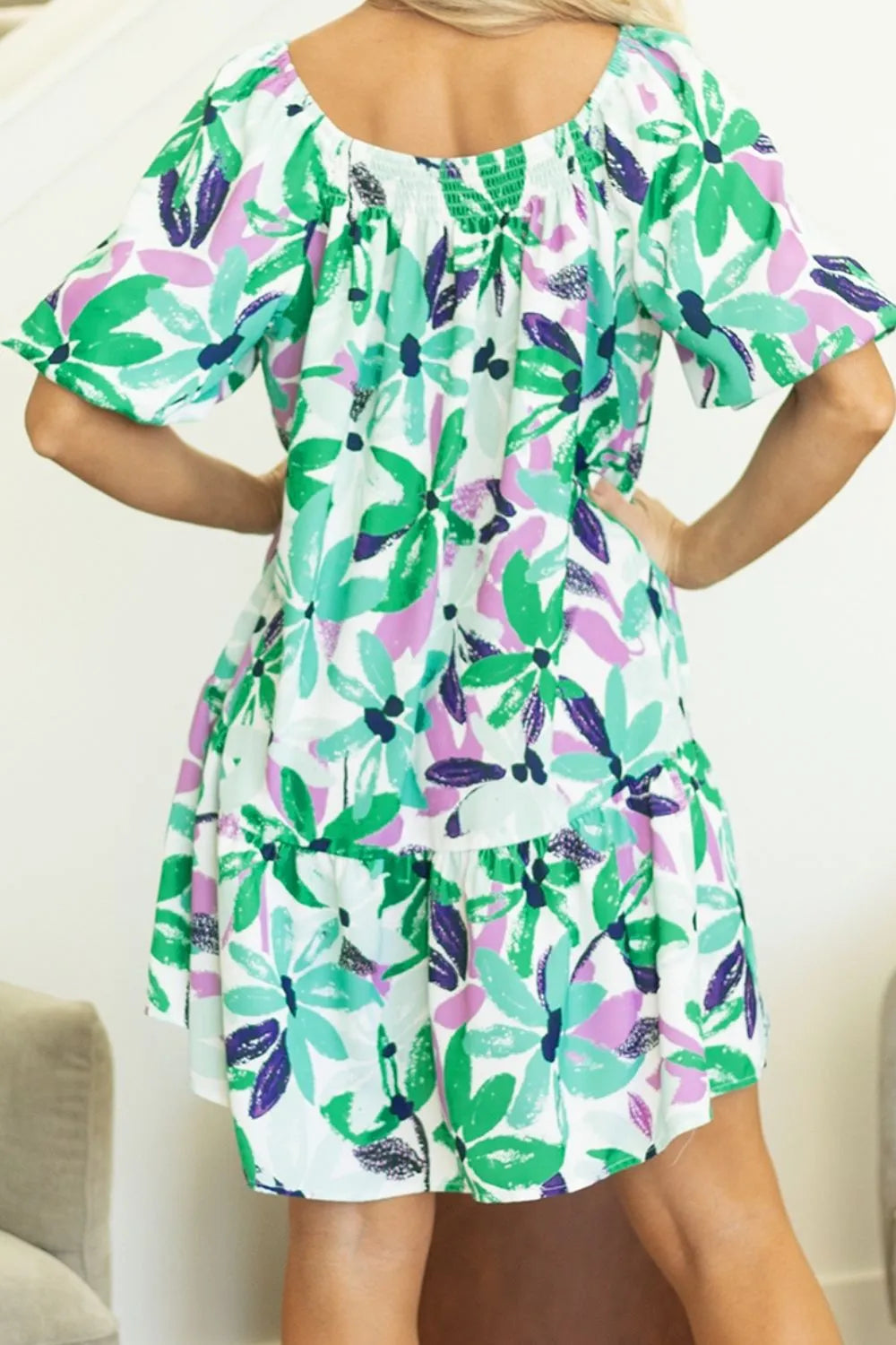 Floral Print Shirred Square Neck Loose Fit Mini Dress