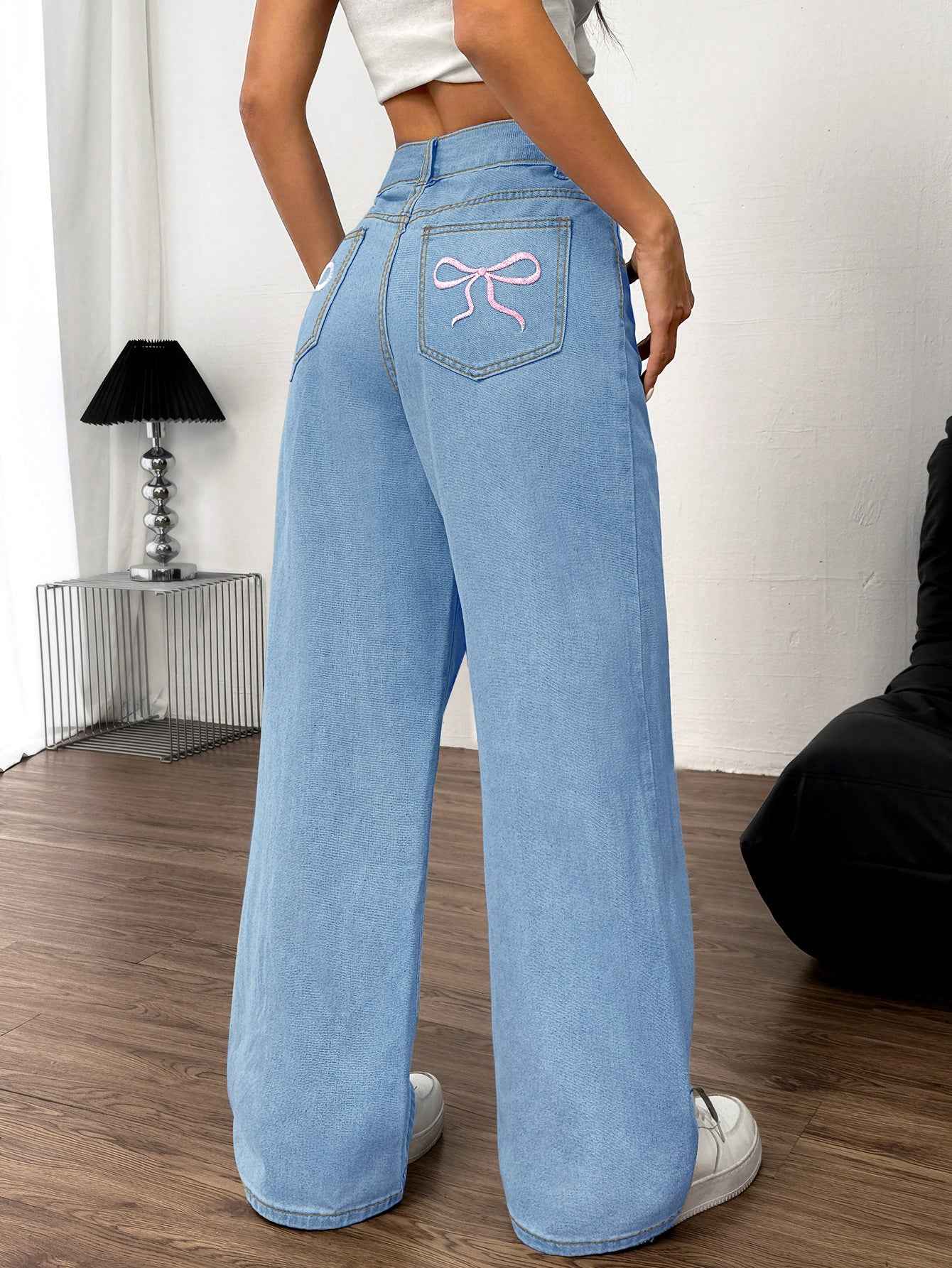 Embroidered Wide Leg Jeans with Bow Back for Women