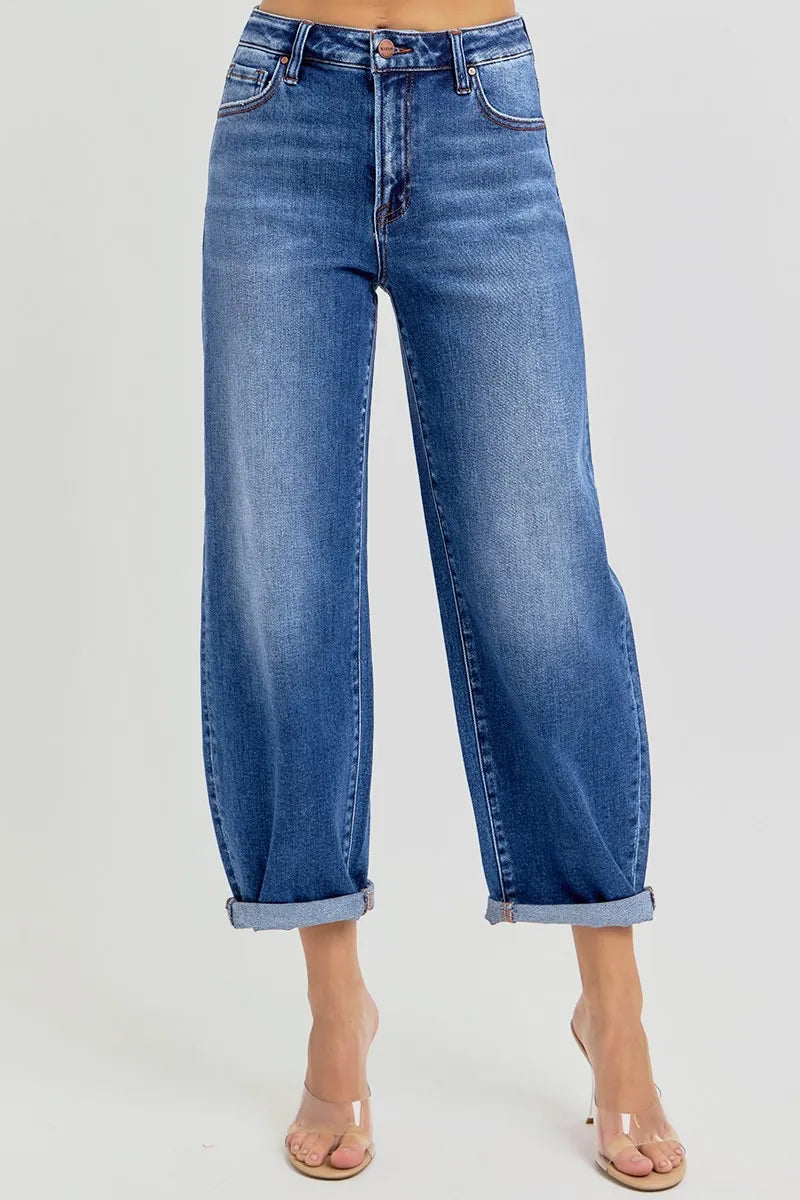 RISEN Plus Size High Rise Jeans Full Size Crop Mild Barrel Fit Women's Denim
