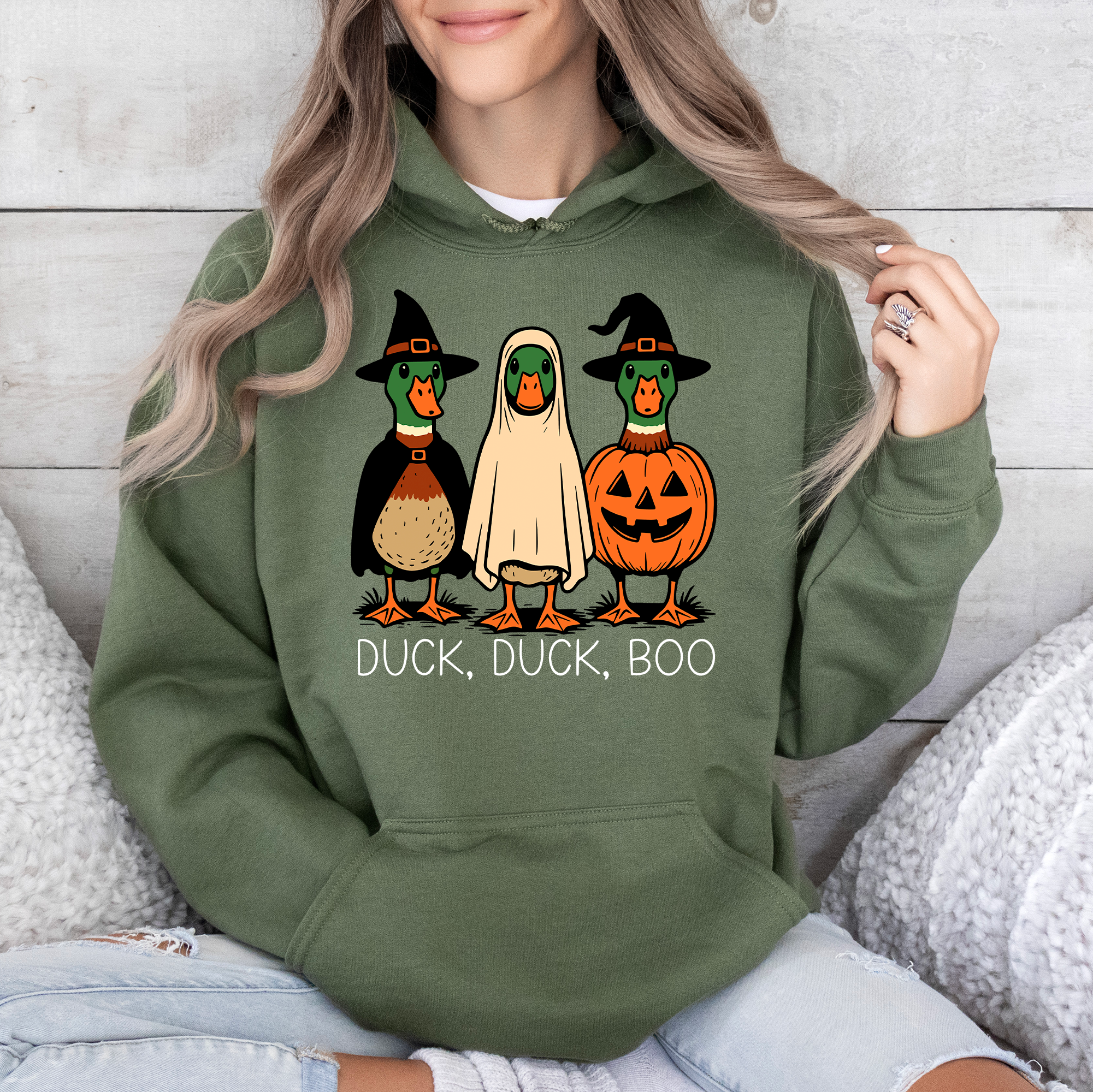 Duck Duck Boo, Funny Goose Halloween, Silly Duck Ghost, Witch, Trick or Treat, Spooky Season, Graphic Hoodie, Hooded Sweatshirt