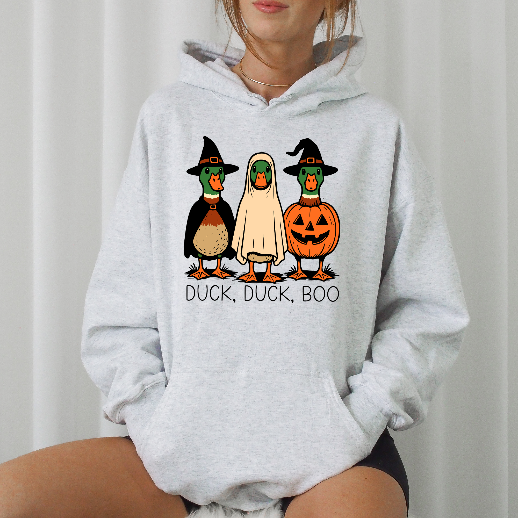 Duck Duck Boo, Funny Goose Halloween, Silly Duck Ghost, Witch, Trick or Treat, Spooky Season, Graphic Hoodie, Hooded Sweatshirt