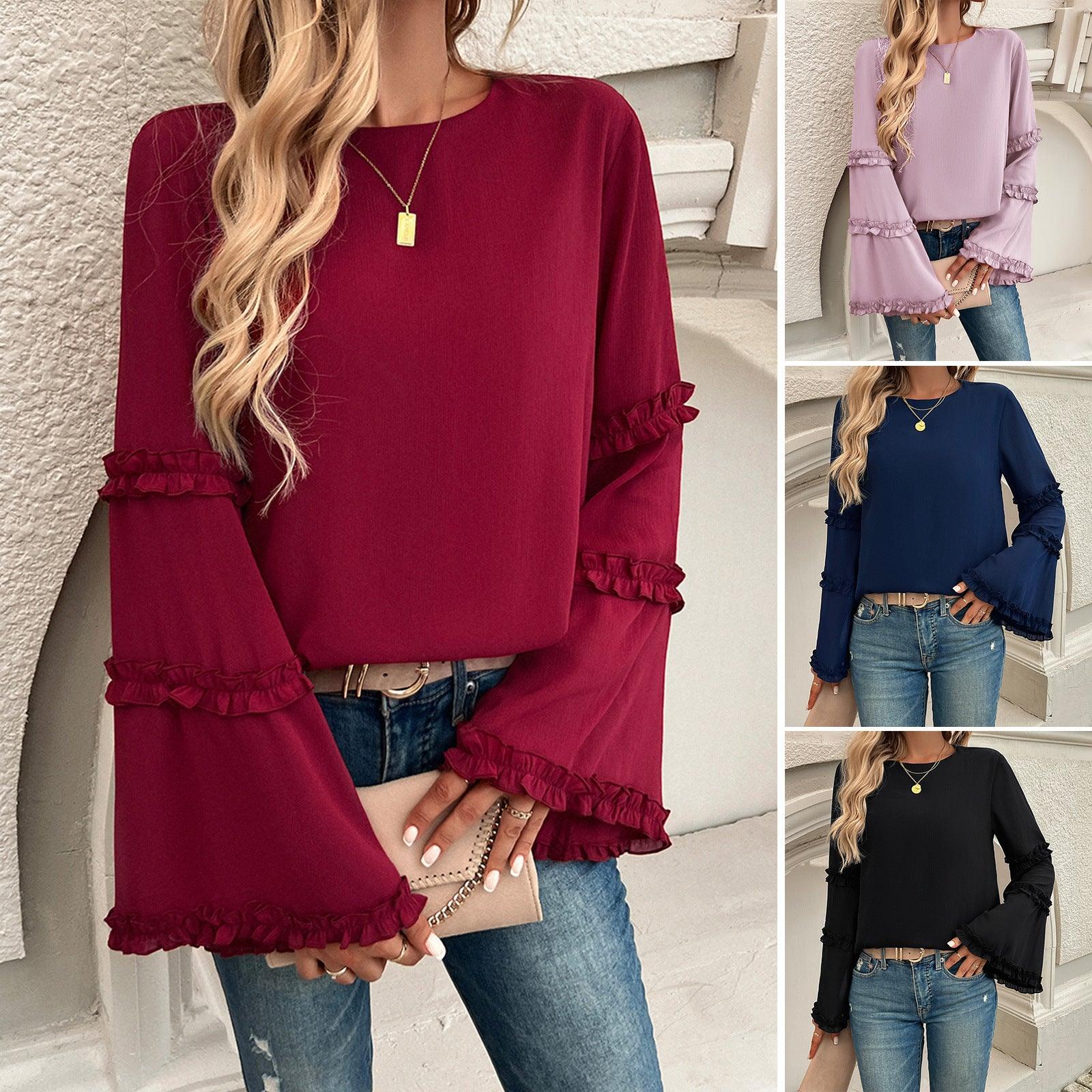 Elegant Socialite Trumpet Sleeved Top – Stylish Ruffled Blouse for Trendy Women