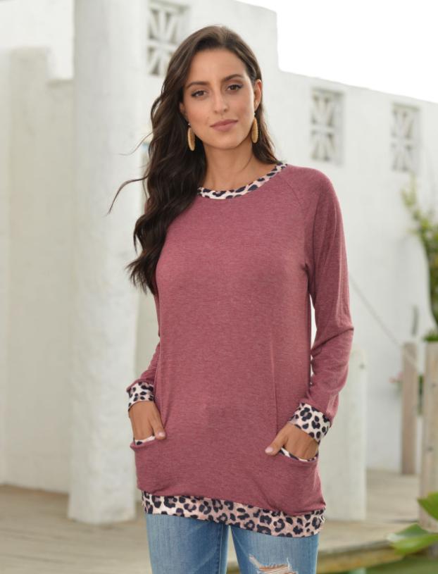 Chic Leopard Contrast Pocket Pullover