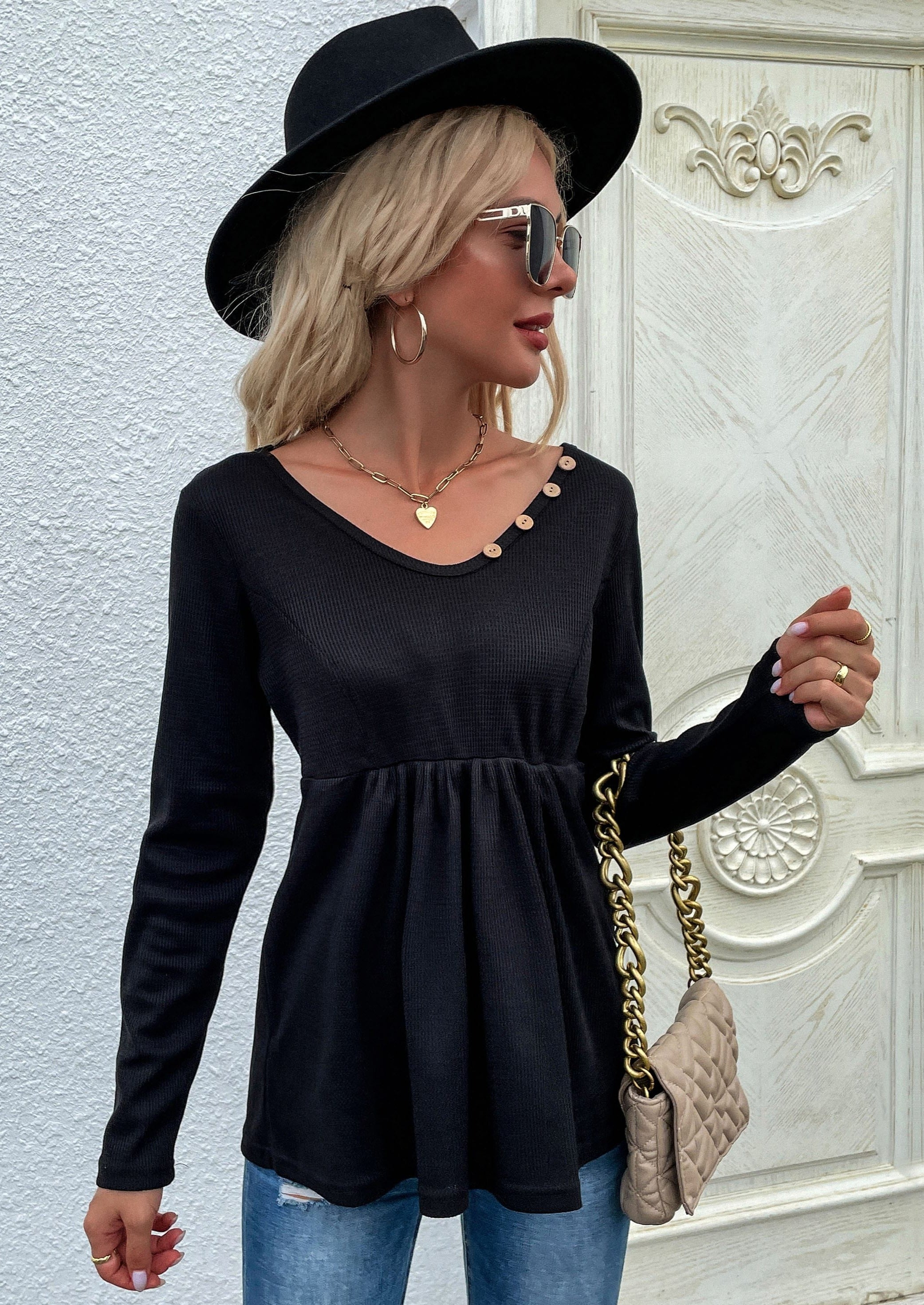 Anna-Kaci Button Neck Peplum Hem Sweater
