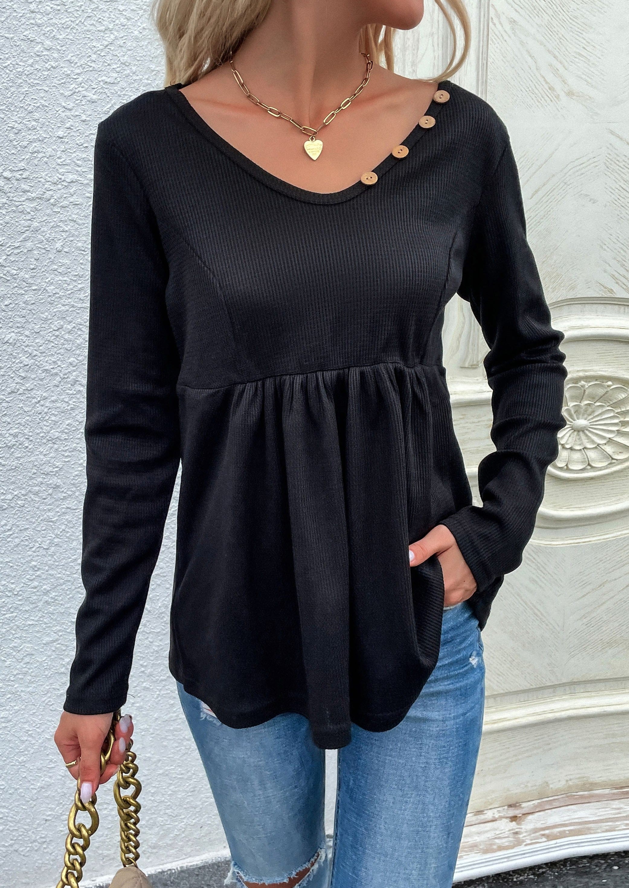 Anna-Kaci Button Neck Peplum Hem Sweater