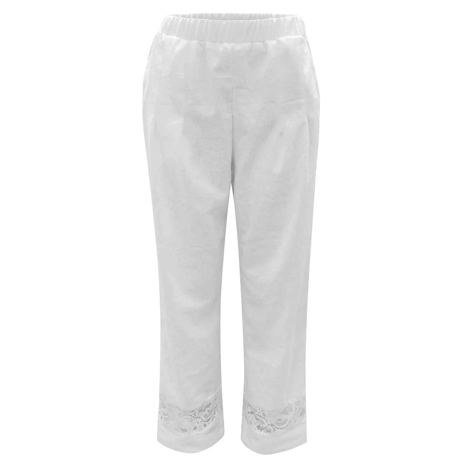 Cropped Loose Pants Women - Streetwear Cotton Lace Casual Pants Elastic Waist Trousers