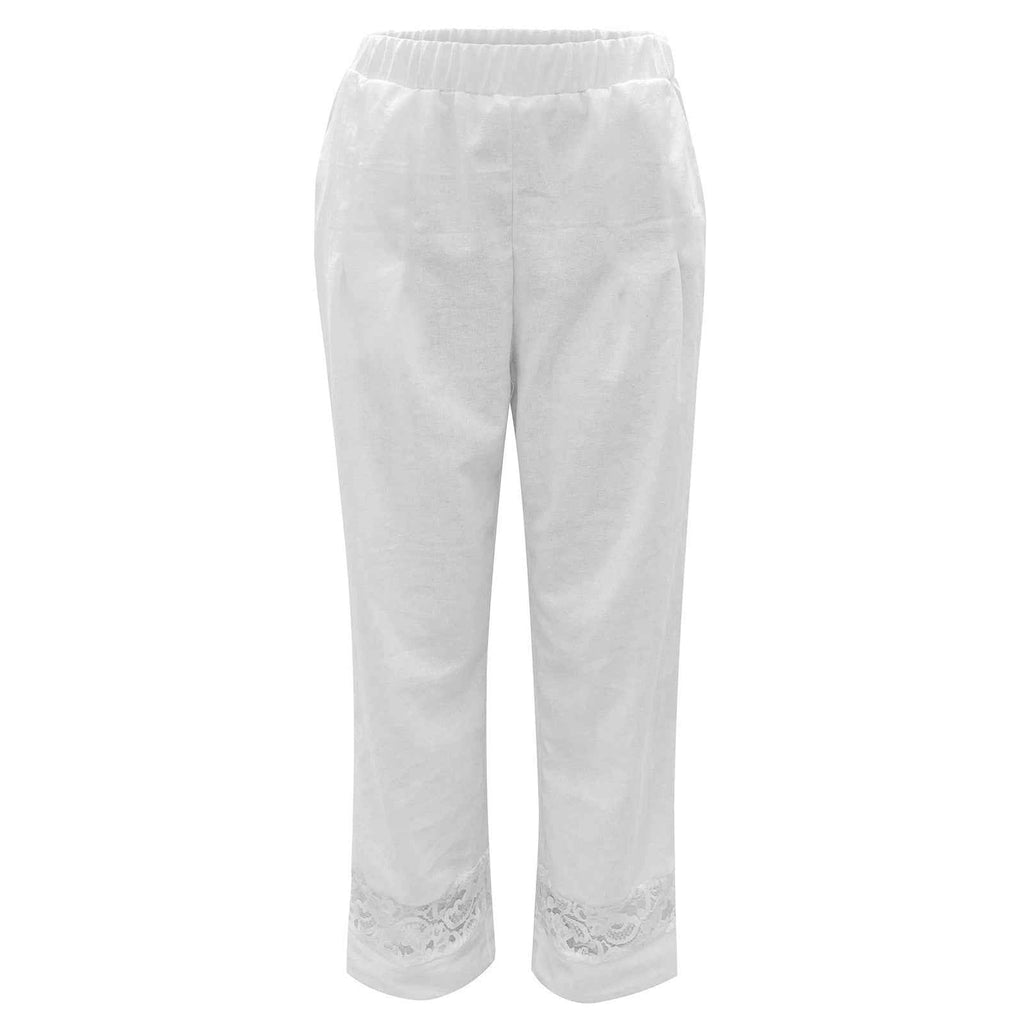 Cropped Loose Pants Women - Streetwear Cotton Lace Casual Pants Elastic Waist Trousers