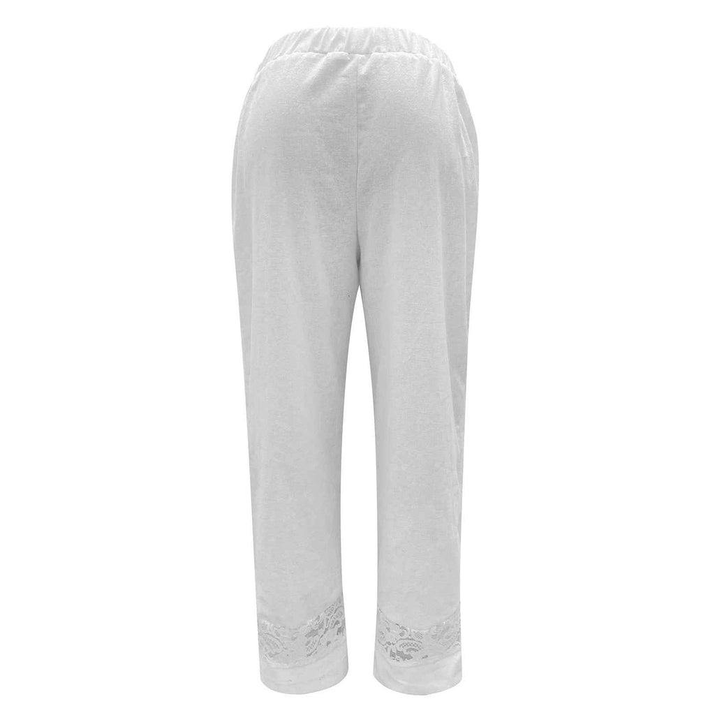 Cropped Loose Pants Women - Streetwear Cotton Lace Casual Pants Elastic Waist Trousers