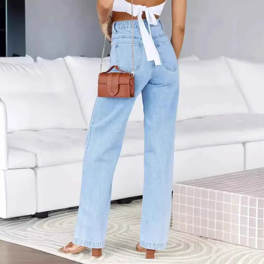 Women's High Waist Straight Leg Jeans Denim Loose Fit with Pockets Wide Leg Basics